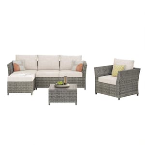 Bella Gray 6-Piece Wicker Outdoor Sectional Set with Beige Cushions
