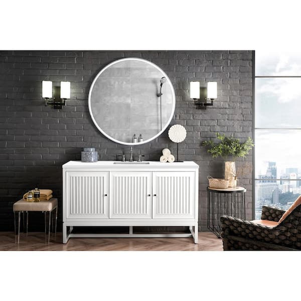 James Martin Vanities Athens 60.0 in. W x 23.5 in. D x 34.5 in. H Bathroom Vanity in Glossy White with White Zeus Quartz Top