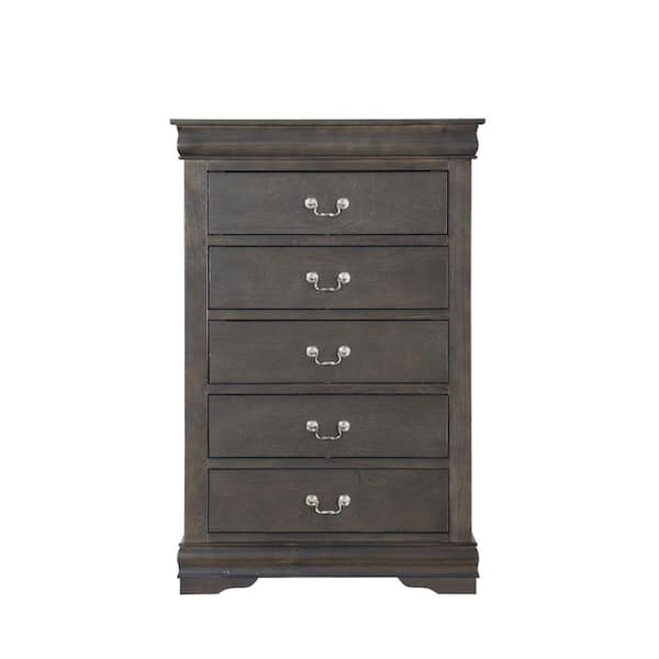 Benjara Traditional Style Dark Gray 5-Drawer Wooden Chest with Bracket Base 31.22 in. L x 15.43 in. W x 47.44 in. H