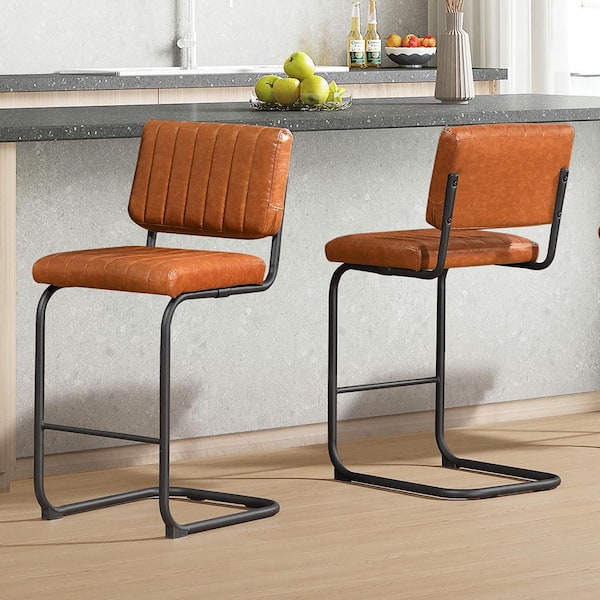 Art Leon Saisy 26.77 in. Seat Height Brown Faux Leather Counter Stools with Metal Frame, (Set of 2)