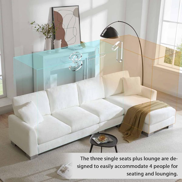 119 in. Square Arm Chenille L-Shaped Sofa with 2 Free Pillows in White