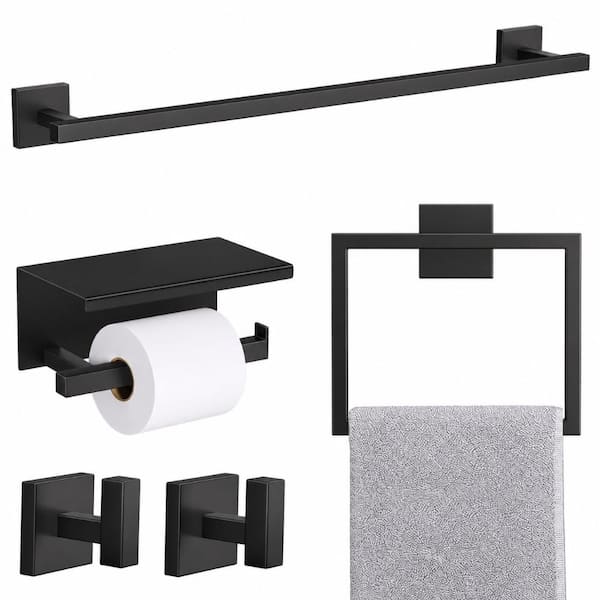 5-Piece Wall Mount 24 in. Matte Black Square Bathroom Hardware Set Towel Bar Ring Paper Holder Hook Set