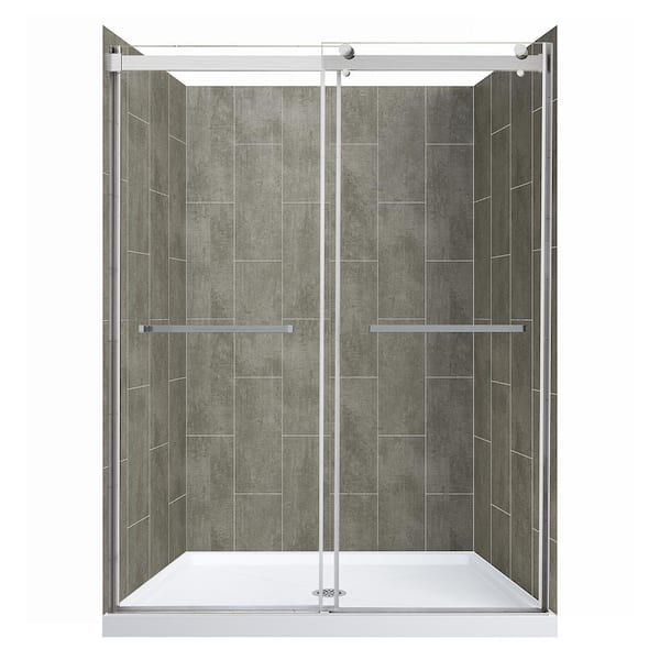 CRAFT + MAIN Lagoon Double Roller 48 in. L x 34 in. W x 78 in. H Center Drain Shower Stall Kit in Quarry and Brushed Nickel Hardware
