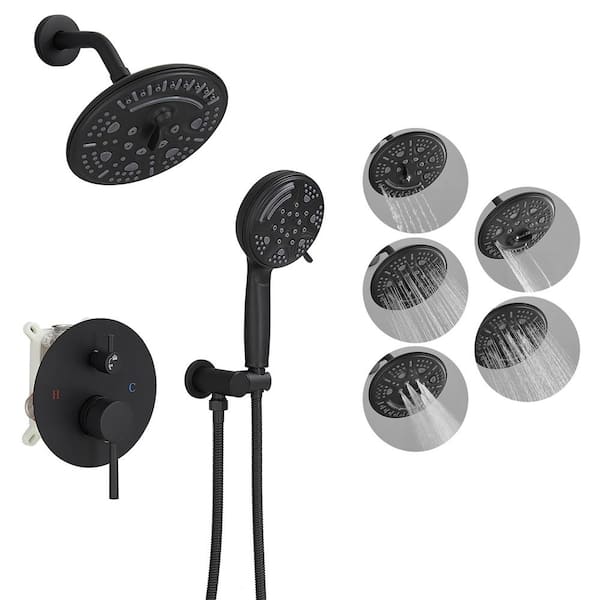 BWE Single Handle 1-Spray Round Rain Shower Faucet Set 1.8 GPM with High Pressure Shower Head Hand Shower in. Matte Black