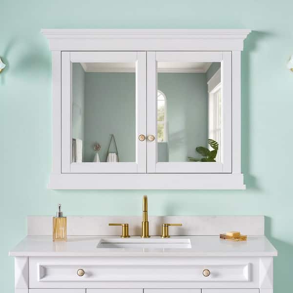 42 in. W x 32 in. H Rectangular Recessed Solid Wood Bathroom Medicine Cabinet with Mirror, Bi-View Glass Door BLUM Hinge