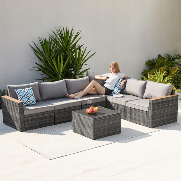 Tenleaf 7-Piece Gray Wicker Patio Conversation Set with Gray Cushions