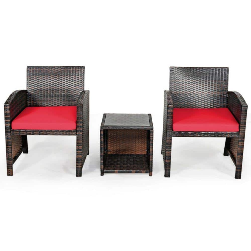 3-Pieces PE Rattan Wicker Outdoor Patio Conversation Set With Coffee Table 