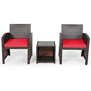 3-Pieces PE Rattan Wicker Outdoor Patio Conversation Set With Coffee Table And Red Cushions