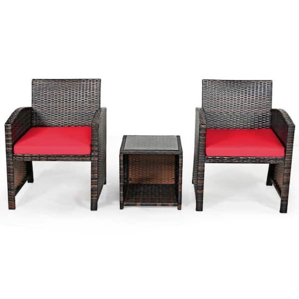 Unbranded 3-Pieces PE Rattan Wicker Outdoor Patio Conversation Set With Coffee Table And Red Cushions