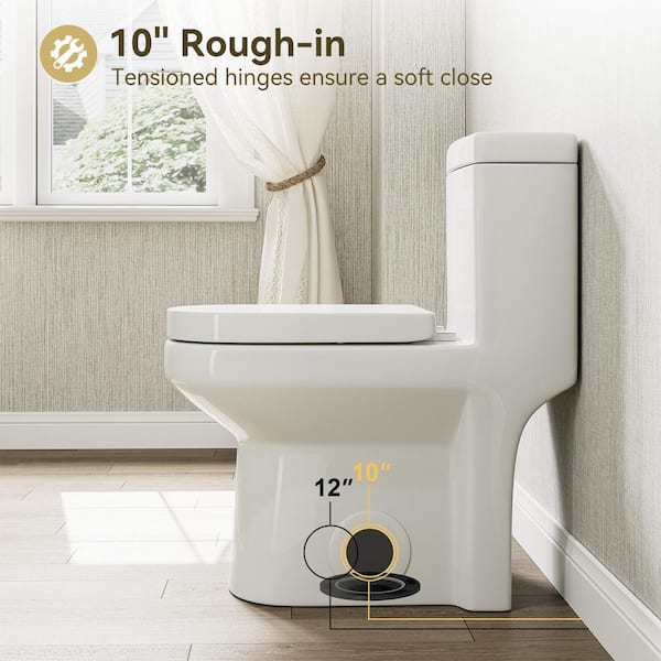 10 in. Rough-In 1-piece 0.8/1.28 GPF Dual Flush Round Toilet in White, Seat Included