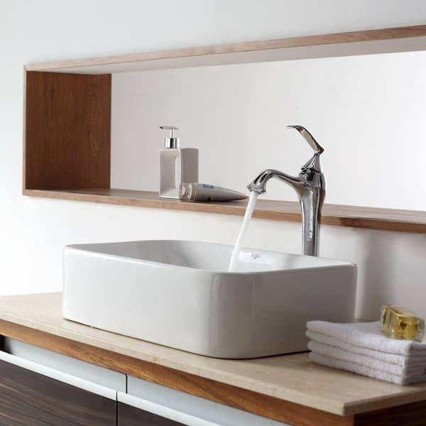 KRAUS Soft Rectangular Ceramic Vessel Bathroom Sink in White with Pop Up Drain in Chrome