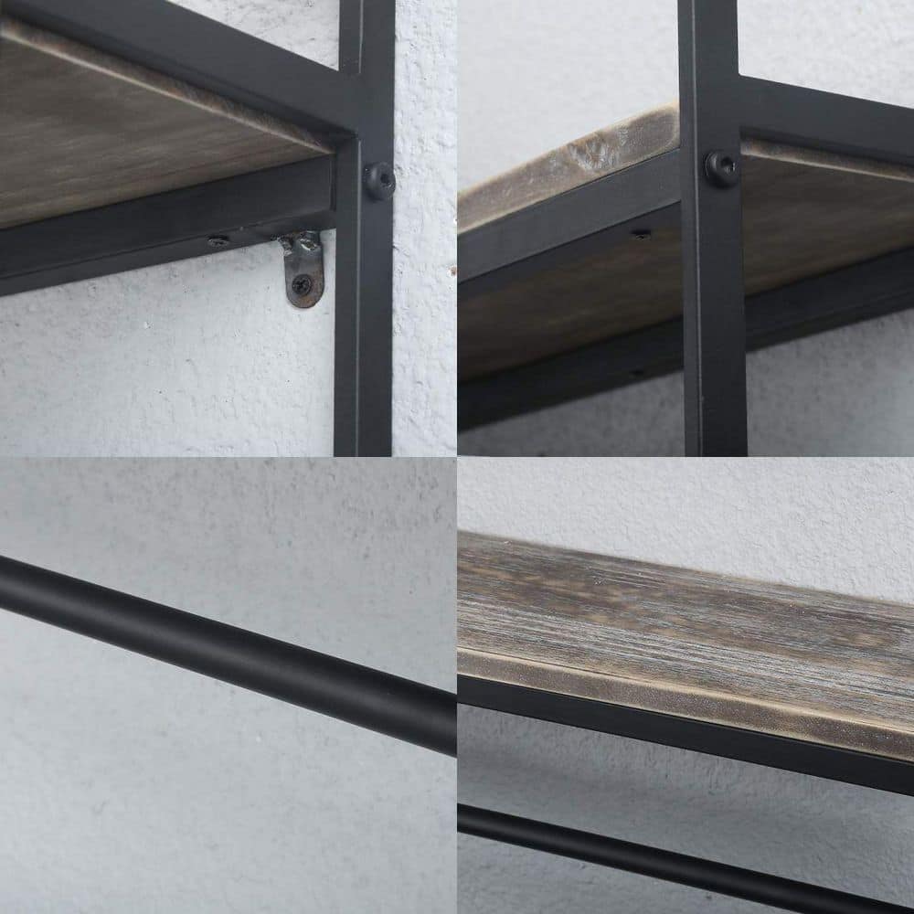 Matte Black Pine 2-Tier Floating Wall Shelf with Towel Rack