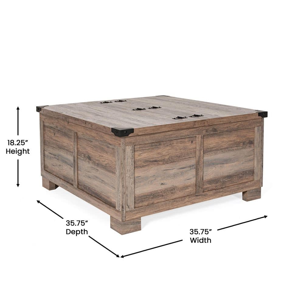 Rustic Gray Wash Square Wood and Metal Lift-Top Coffee Table with Storage