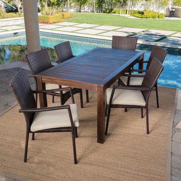 Noble House Emmy 7-Piece Wood and Faux Rattan Outdoor Patio Dining Set with Crme Cushion