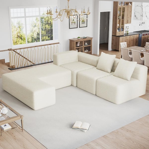 Harper & Bright Designs 116.5 in. 4-piece Polyester Modern Sectional Sofa in Beige with 2 Throw Pillows, Full-compressed No Assembly Required