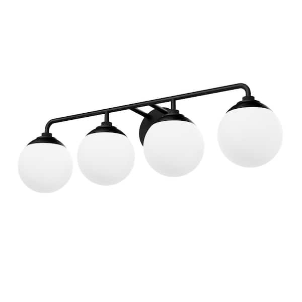 Hunter Hepburn 30 in. 4-Light Matte Black Vanity Light with Cased White Shades