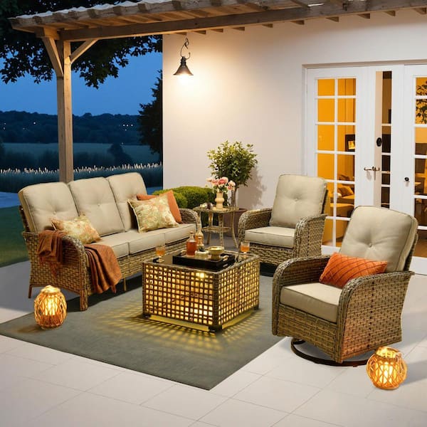 Beverly Gray 5-Piece Wicker Outdoor Patio Conversation Sofa Set with Swivel Rocking Chairs and Beige Cushions