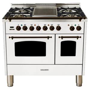 40 in. 4.0 cu. ft. Double Oven Dual Fuel Italian Range True Convection, 5 Burners, Griddle, LP Gas, Bronze Trim in White