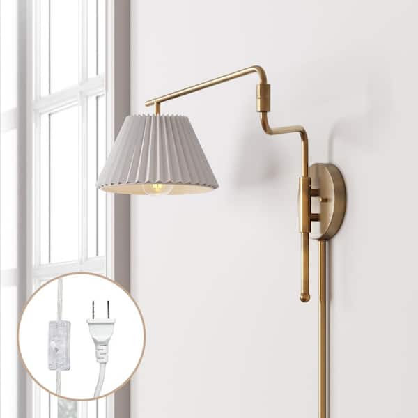 Nathan James Kai 30 in. W 1-Light Vintaged Brass Modern Wall Mounted Plugin Bedside Reading Lamp Wall Sconce with Pleated Shade