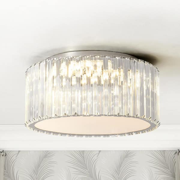 RRTYO Stagner 13.7 in. Modern Glam Chrome Drum Integrated LED Crystal Semi-Flush Mount Light