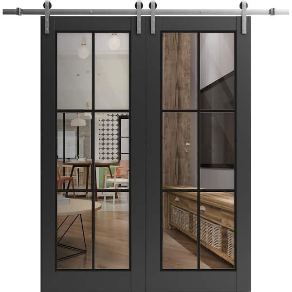 Sartodoors 24 in. x 80 in. 2 Panel Clear Glass Black Matte Solid Wood Sliding Barn Door with Hardware Kit