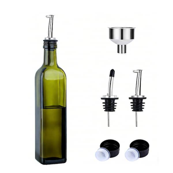17oz Glass Olive Oil Bottle Dispenser and Cruet and Carafe Decanter with Pourers and Funnel for Kitchen, Dark Green