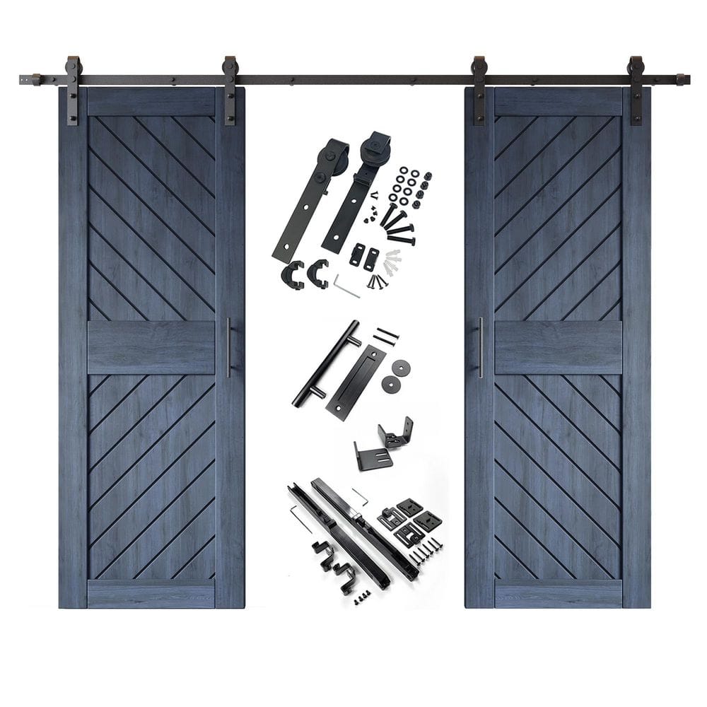 XT4 26 in. x 84 in. C-Panel Navy Slanted Stripe Design Double Pine Wood Sliding Barn Door with Hardware Kit price history on PriceWatchPro