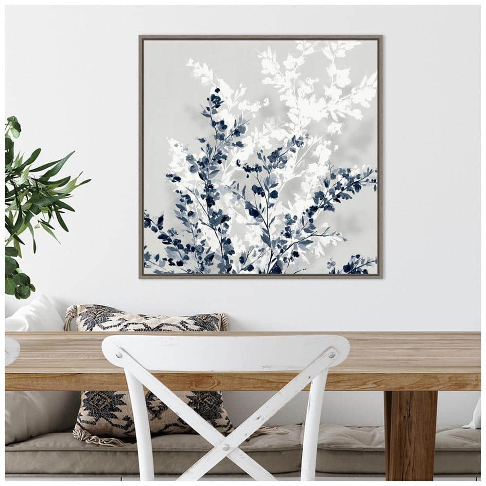 22" x 22" Blue and White Abstract Botanic-Inspired Framed Canvas Wall Art