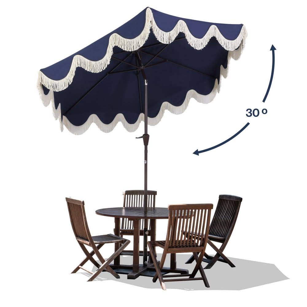 Navy and Cream 9 ft. Cottage Tassel Patio Umbrella