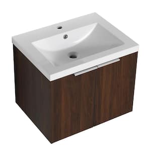 FINE 23.6 in. W x 18.1 in. D x 19.8 in. H Single Sink Wall Mount Bath Vanity in Walnut with White Gel Acrylic Top Sink