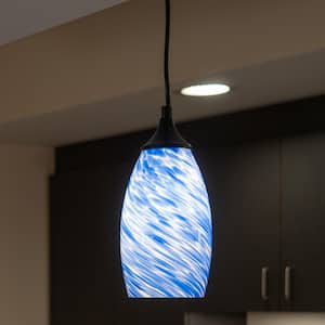 Milano 1-Light Matte Black Mini Pendant Ceiling Light with Blue Swirl Art Glass