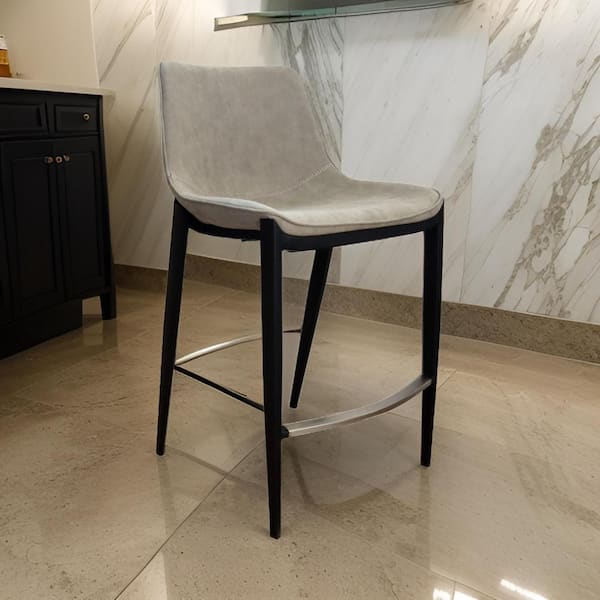 Benjara 25.5 in. Tan, Black and Silver Low Back Wood Frame Bar Stool with Faux Leather Seat (Set of 2)