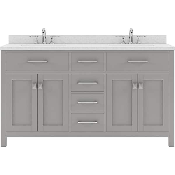 Virtu USA Caroline 60 in. W Bath Vanity in Cashmere Gray with Quartz Vanity Top in White with White Basins