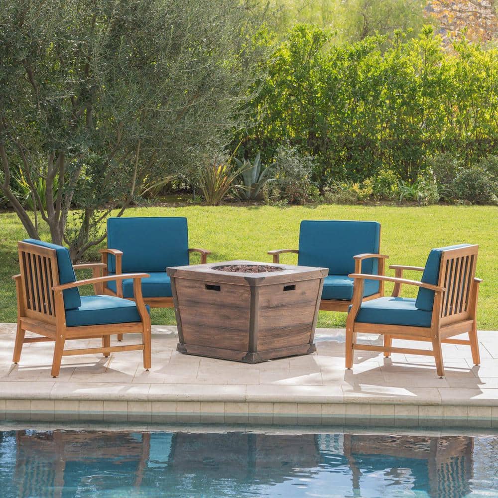 Teak Brown 4-Seat Fire Pit Set with Blue Cushions