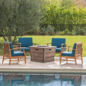 Mark Teak Brown 5-Piece Wood Patio Fire Pit Seating Set with Blue Cushions