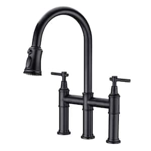 Double Handle Bridge Kitchen Faucet with Pull Down Sprayer Brass 8 in. 3 Holes Kitchen Sink Faucets in Matte Black
