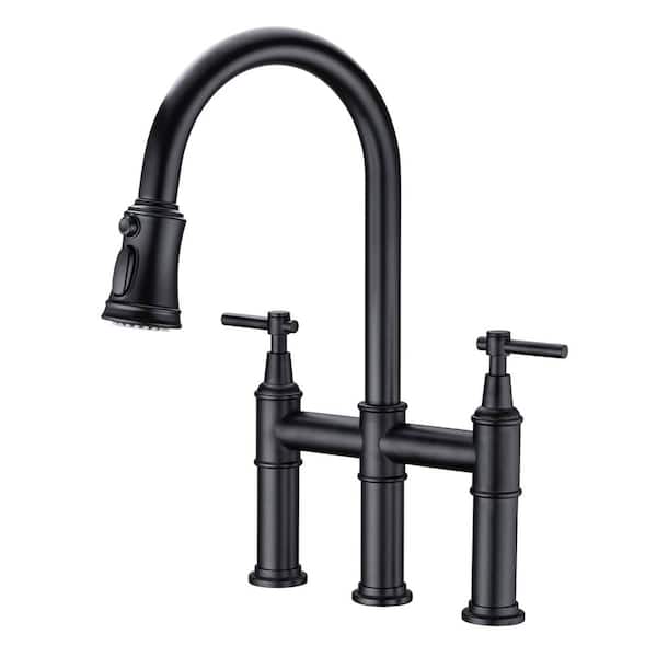 FLG Double Handle Bridge Kitchen Faucet with Pull Down Sprayer Brass 8 in. 3 Holes Kitchen Sink Faucets in Matte Black