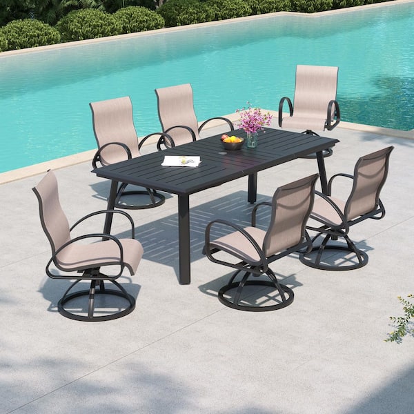 82.7 in. Patio Aluminum Outdoor Dining Set with Umbrella Hole, 360° Rotating Dining Chair in Augustine Ashe (7 Pieces)