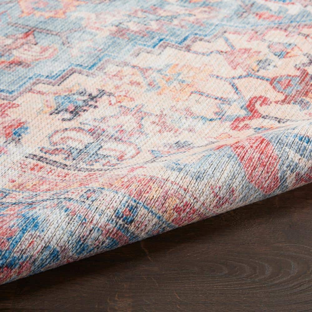 Blue and Red Floral Cotton Chenille Rectangular Area Rug, 6' x 9'