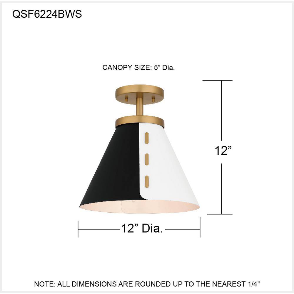 12" Black and White Glass Semi-Flush Mount with Brass Accents