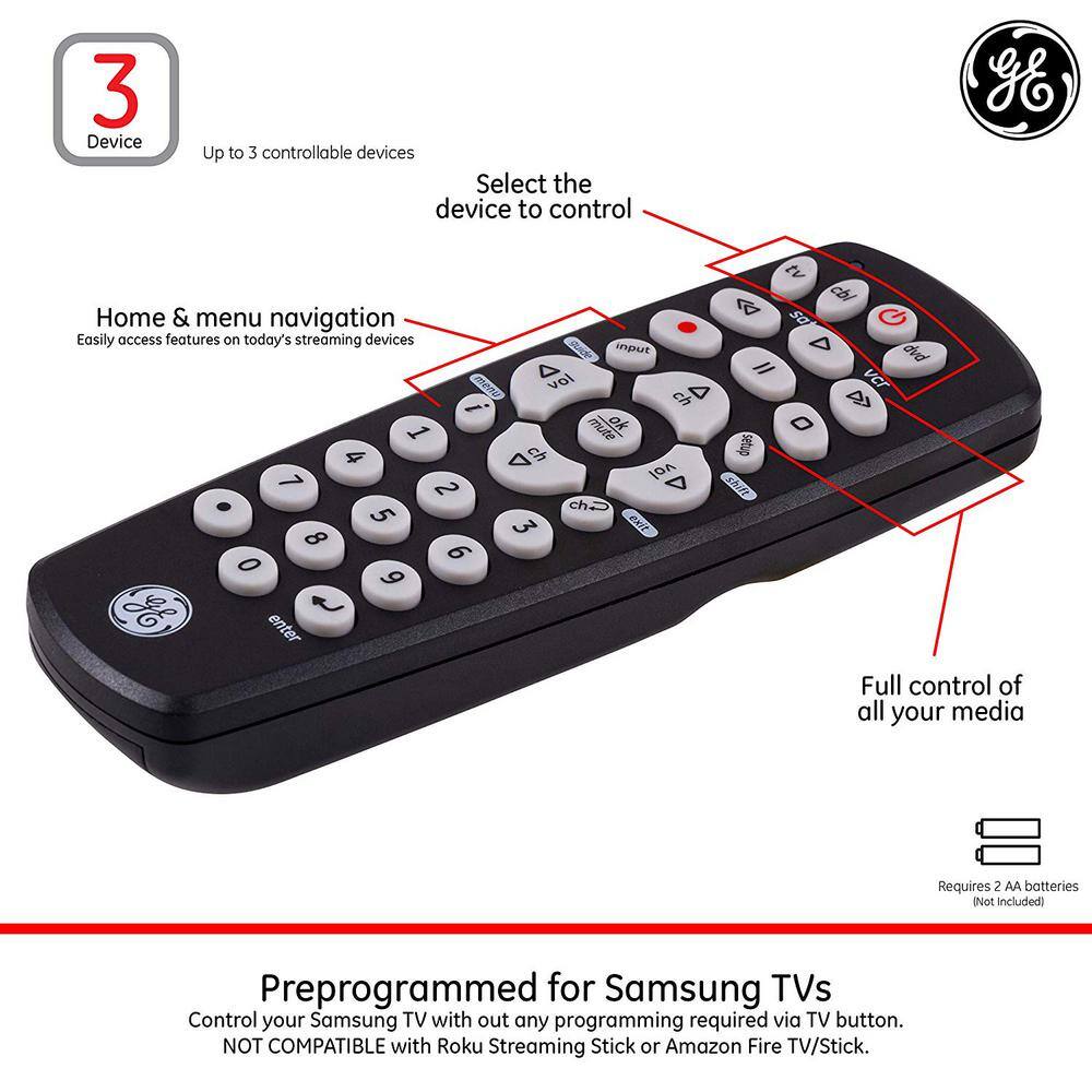 GE 3-Device Black Universal Remote Control with RF