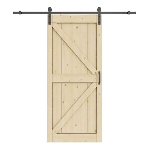 42 in. x 84 in. K-Shape Solid Core Pine Wood Unfinished Sliding Barn Door Slab with Hardware Kit and Soft Close