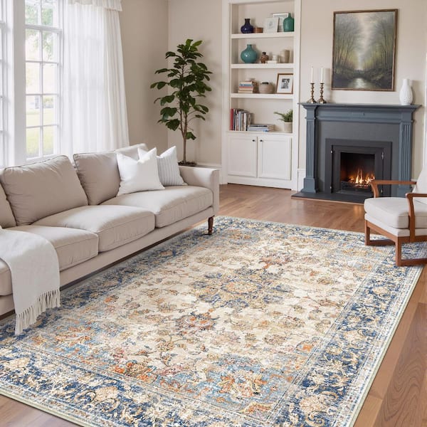 Tabelia Blue/Orange 9 ft. x 12 ft. Vintage Medallion Distressed Area Rug
