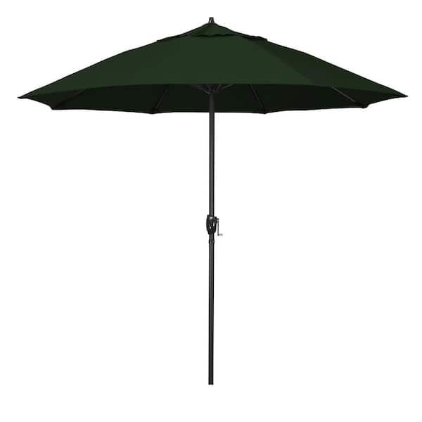 California Umbrella 9 ft. Black Aluminum Market Patio Umbrella Fiberglass Ribs and Auto Tilt in Hunter Green Pacifica