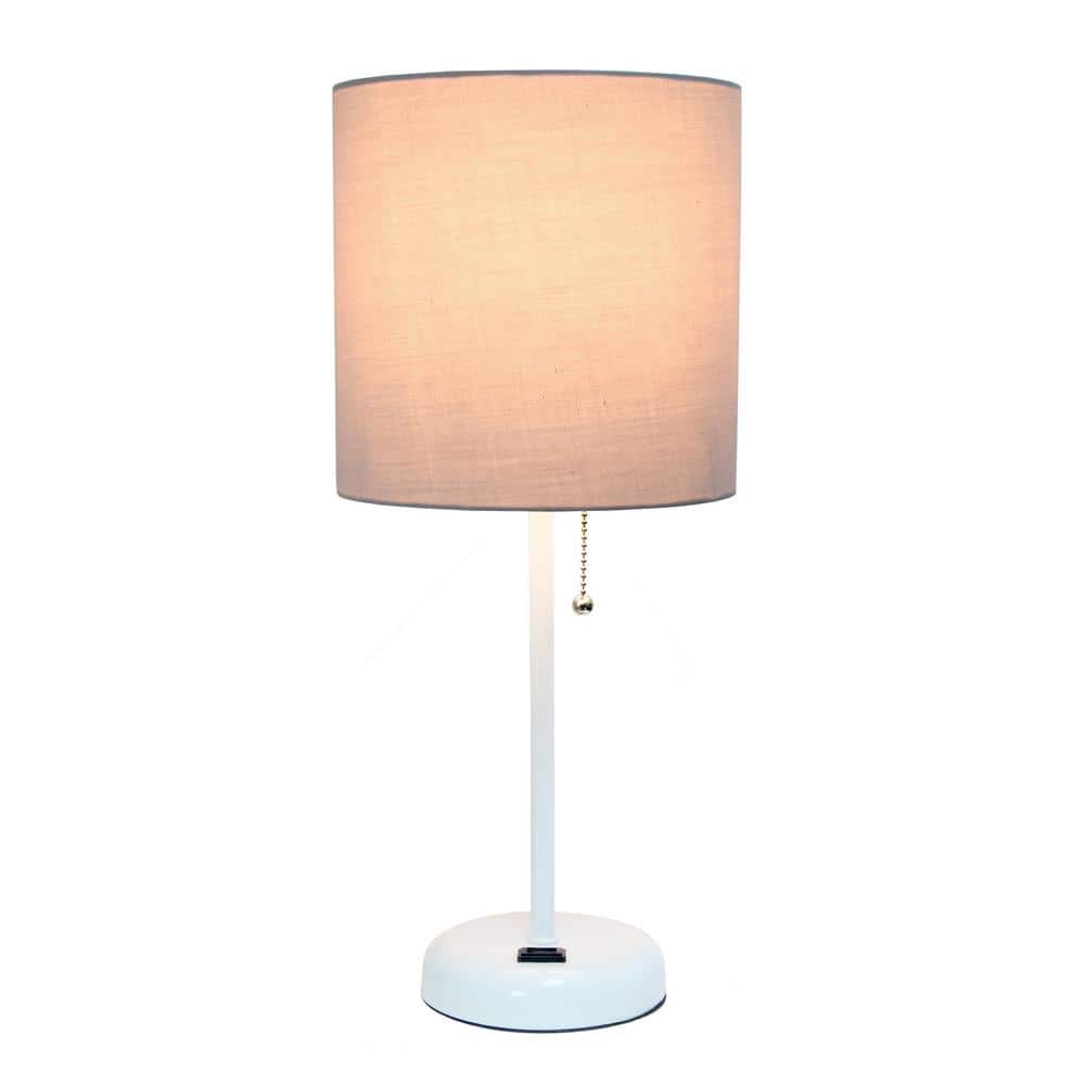 White Stick Lamp with Gray Fabric Shade and Charging Outlet
