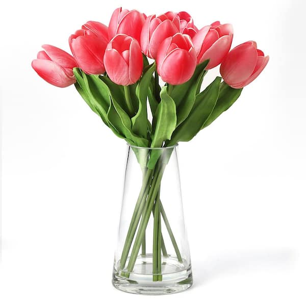 13.78 in. Pink Silk Tulip Bouquet in Clear Glass Vase-Artificial Flower Arrangement with Green Leaves