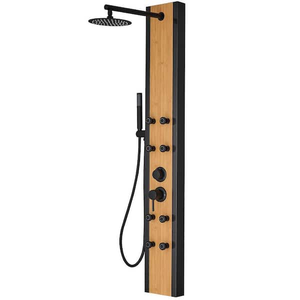 BWE 57 In. 8-Jet Shower Tower Shower Panel System With Rainfall Shower Head And Handheld Shower Head in Black and Bamboo