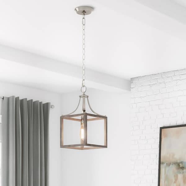 Hampton Bay Boswell Quarter 1-Light Brushed Nickel Mini-Pendant with Weathered Wood Accents