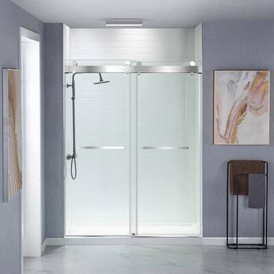 60 in. W x 76 in. H Soft-Closing Double Sliding Frameless Shower Door with 3/8 in. Clear Glass in Brushed Nickel