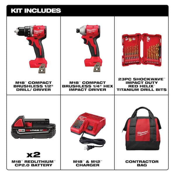 M18 18V Lith-Ion Brushless Cordless Drill/Impact Combo Kit (2-Tool) w/ (2) 2.0 Ah Battery, Charger, & Drill Bit Set